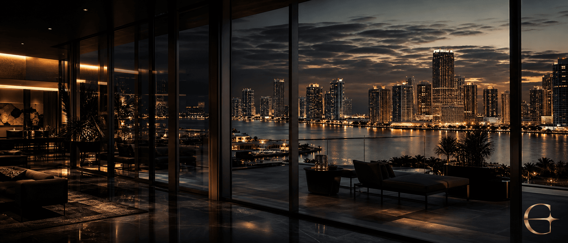 Miami skyline seen from a luxury penthouse at dusk